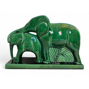 Art déco, sujet animalier faïence éléphants Lemanceau vers 1935