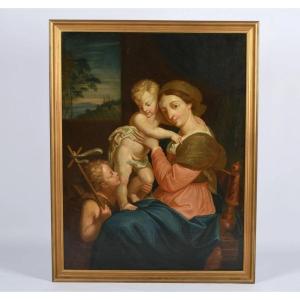 HST Ecole XVIIIème Vierge à l’enfant Jésus et St Jean-Baptiste d’après Raphaël