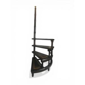English Library Staircase, Wood And Leather, 20th Century