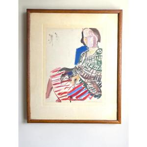 Desnoyer François, Watercolor And Gouache Portrait Of A Seated Woman, Signed 20th Century