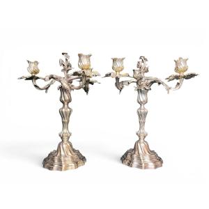 Arts de la table, paire candélabres 3 feux style Louis XIX fin XIXème
