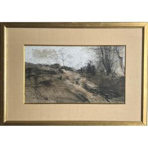 Vollon, Charcoal And Gouache Landscape Drawing, Inscribed On The Reverse, Late 19th Century