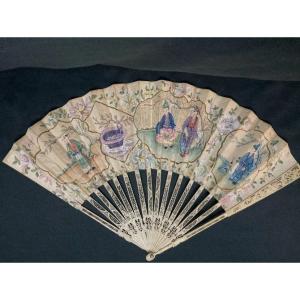Collection: Folded Fan With Four Cartouches Featuring 18th-century Chinese Motifs