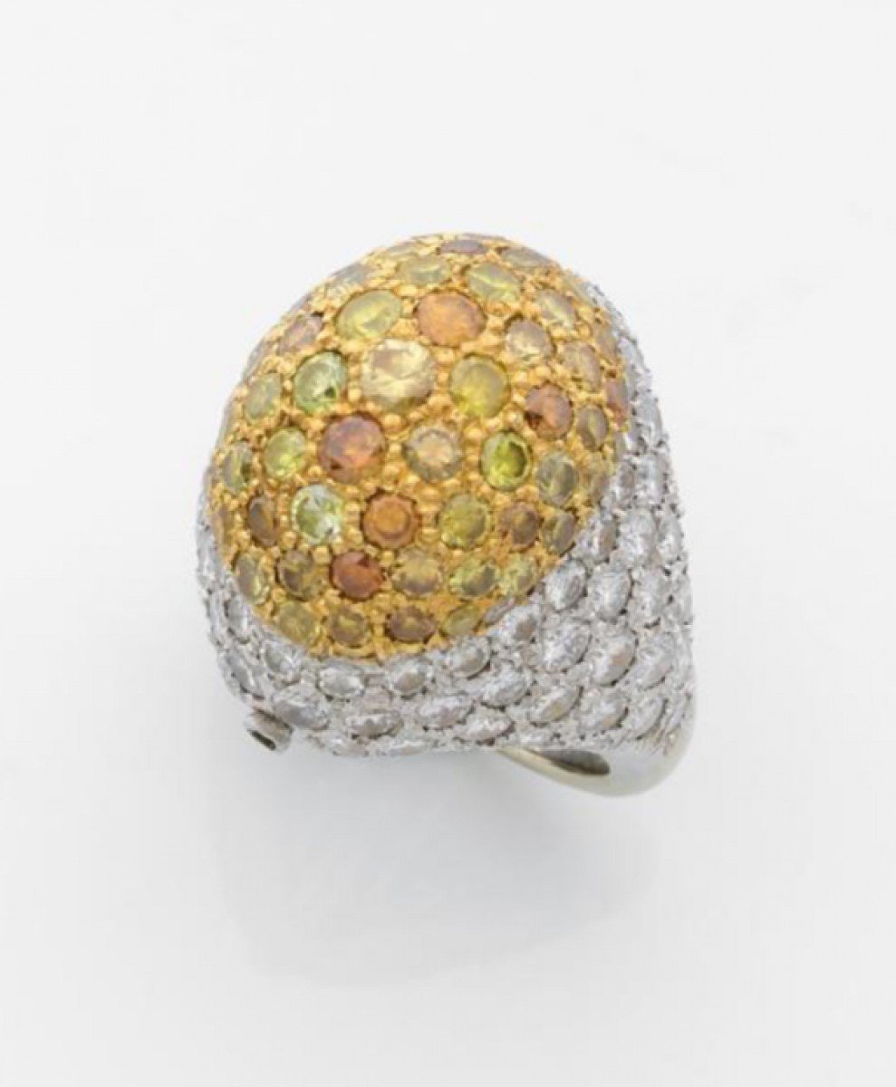 Bague bombée en or gris pavée diamants cognac-photo-2