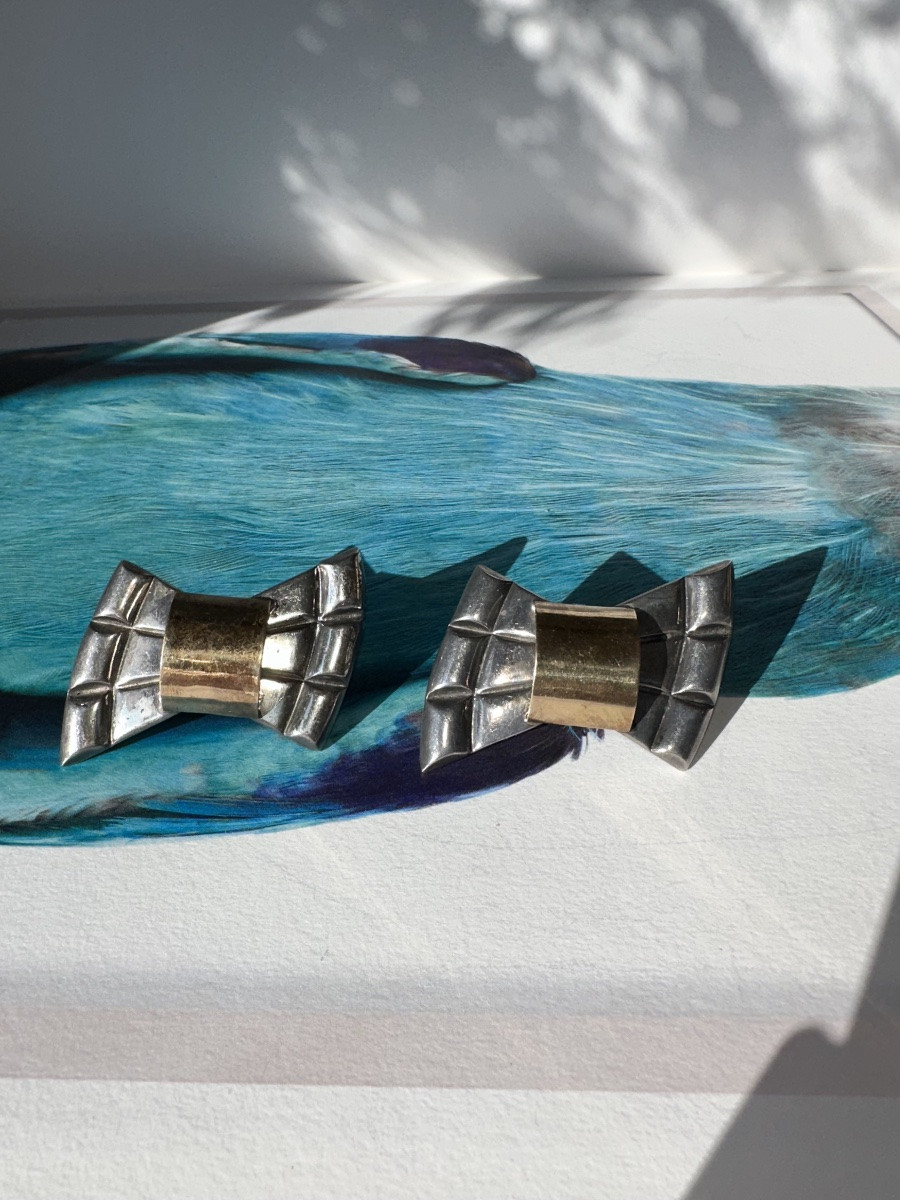 Pair Of Silver And Gold Bow Tie Earrings, 1970s-photo-1