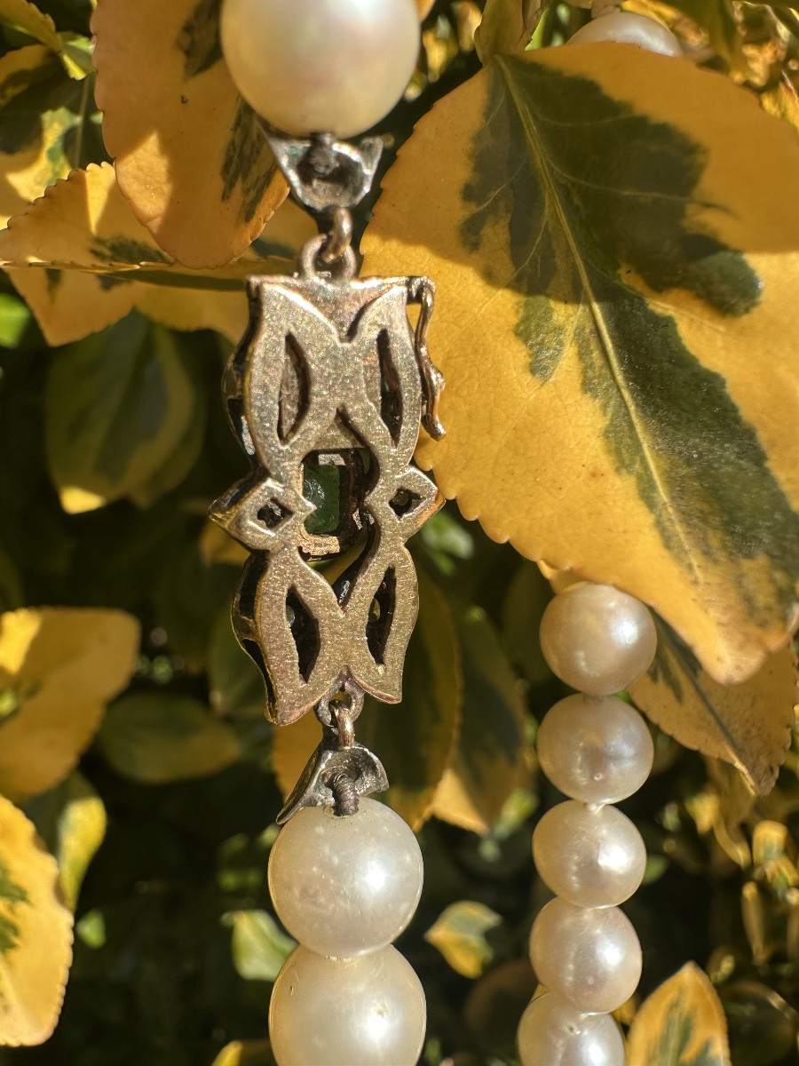 Art Deco Necklace In Cultured Pearls, Silver And Gold, Emerald And Small Diamonds – 1930s-photo-4