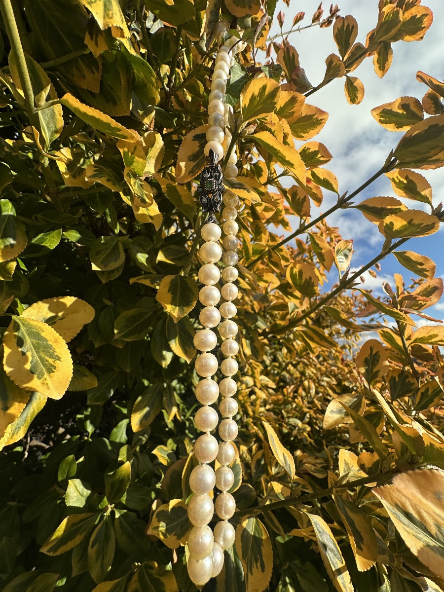 Art Deco Necklace In Cultured Pearls, Silver And Gold, Emerald And Small Diamonds – 1930s-photo-3