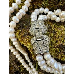 Double Strand Cultured Pearl Necklace, Art Deco Clasp In 925 Silver, Circa 1930