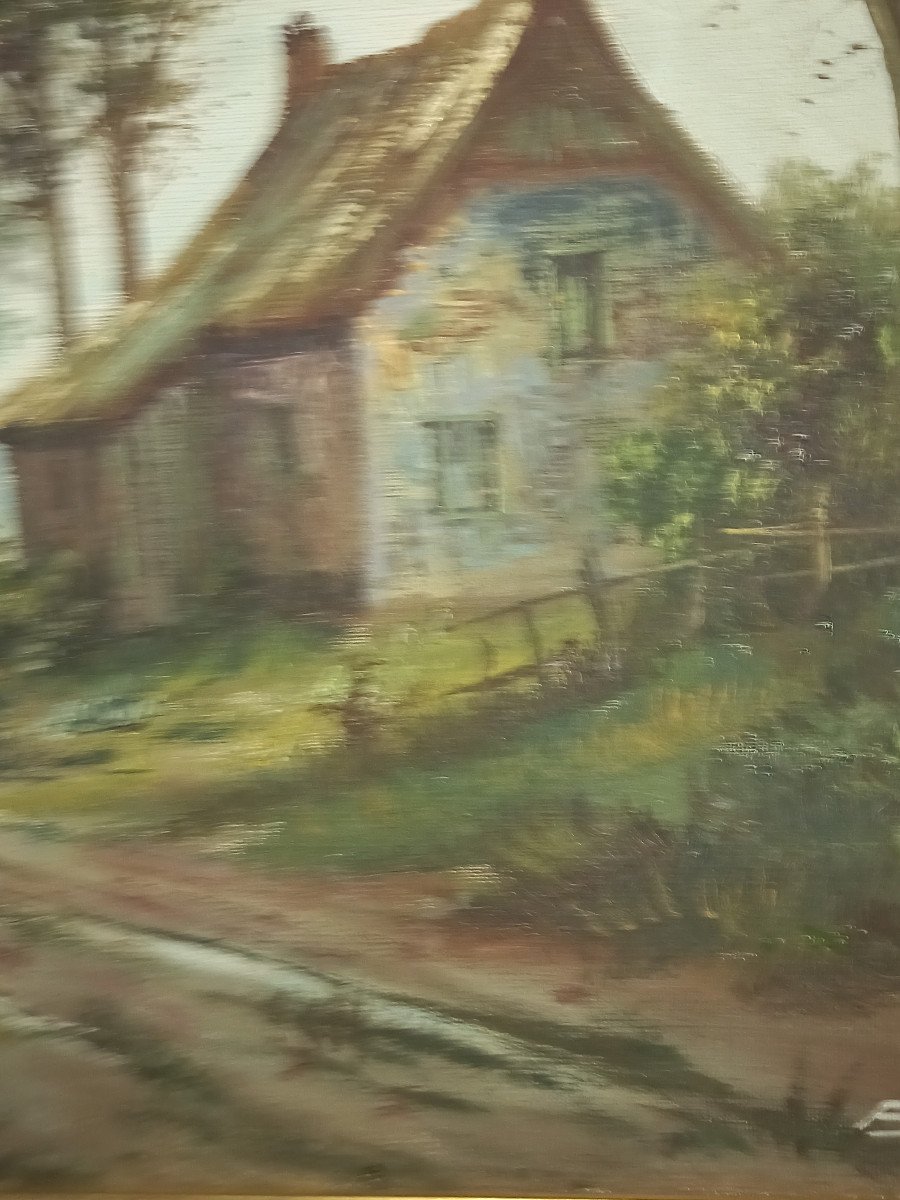 Huile sur toile, d'un paysage animé d'un homme sur sa charette , passant devant une maison.-photo-2