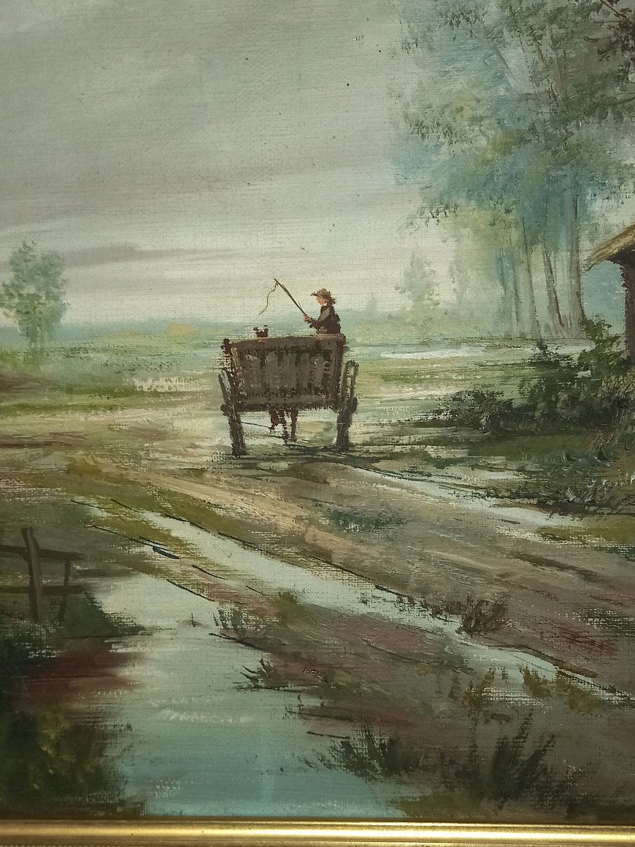 Huile sur toile, d'un paysage animé d'un homme sur sa charette , passant devant une maison.-photo-3