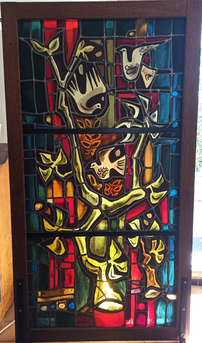 Important Vitrail moderniste signé et daté 1970-photo-3