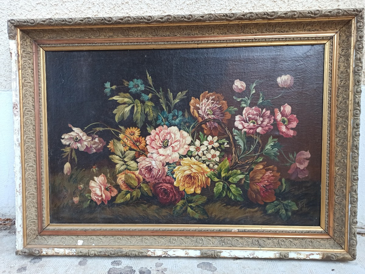 grand tableau "Panier fleuri" signé et daté 1910-photo-2