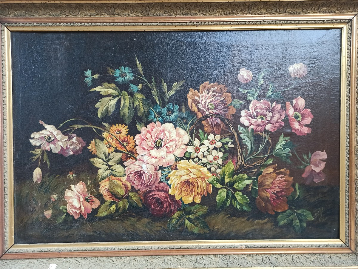 grand tableau "Panier fleuri" signé et daté 1910