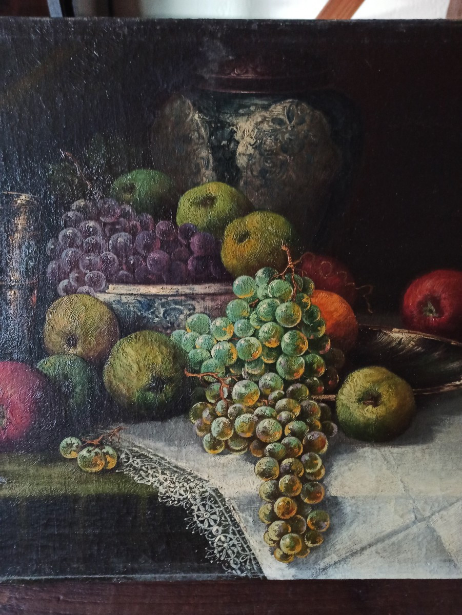 Oil On Canvas, Still Life With Fruit, 19th Century-photo-3