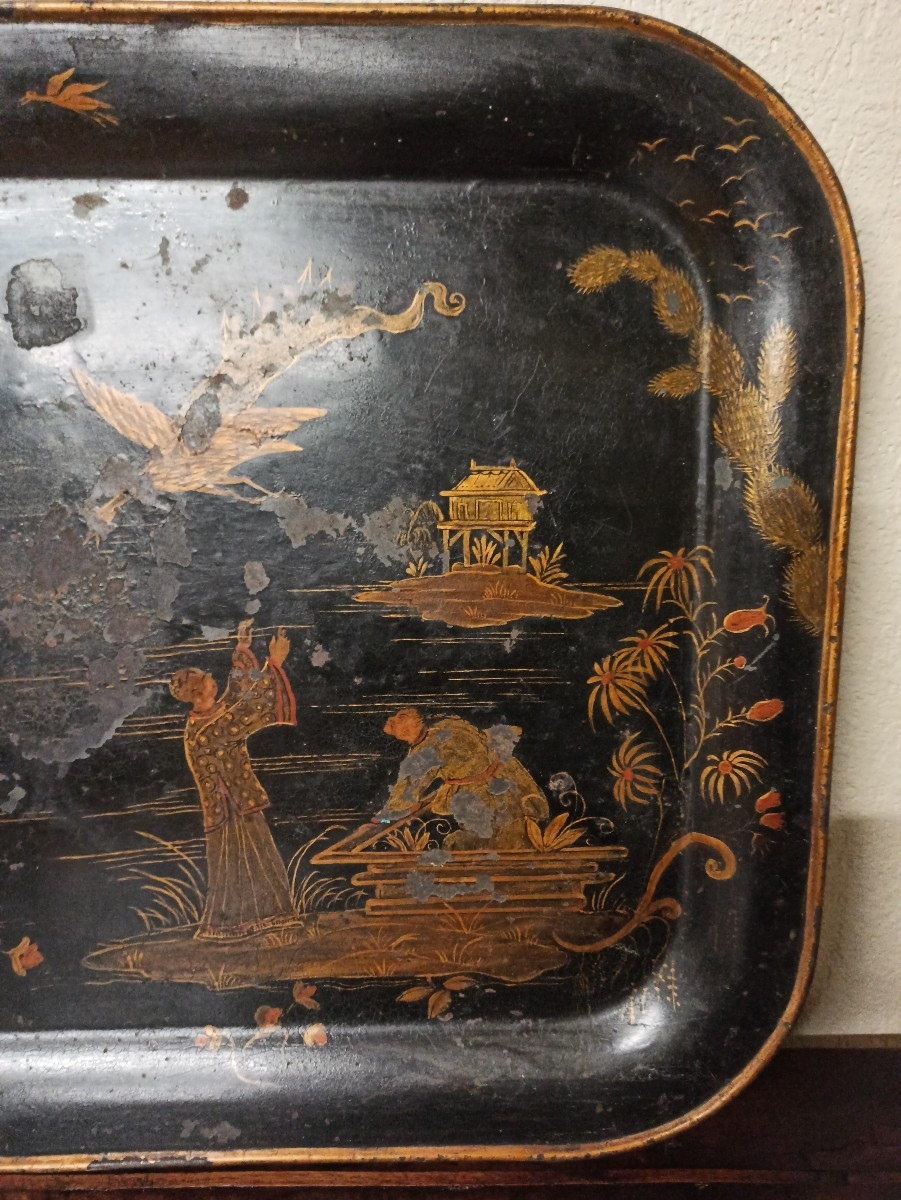 Grand plateau de service en tôle décor aux chinois XIXe siècle-photo-3