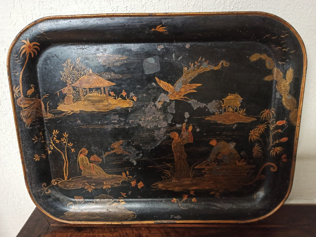 Grand plateau de service en tôle décor aux chinois XIXe siècle