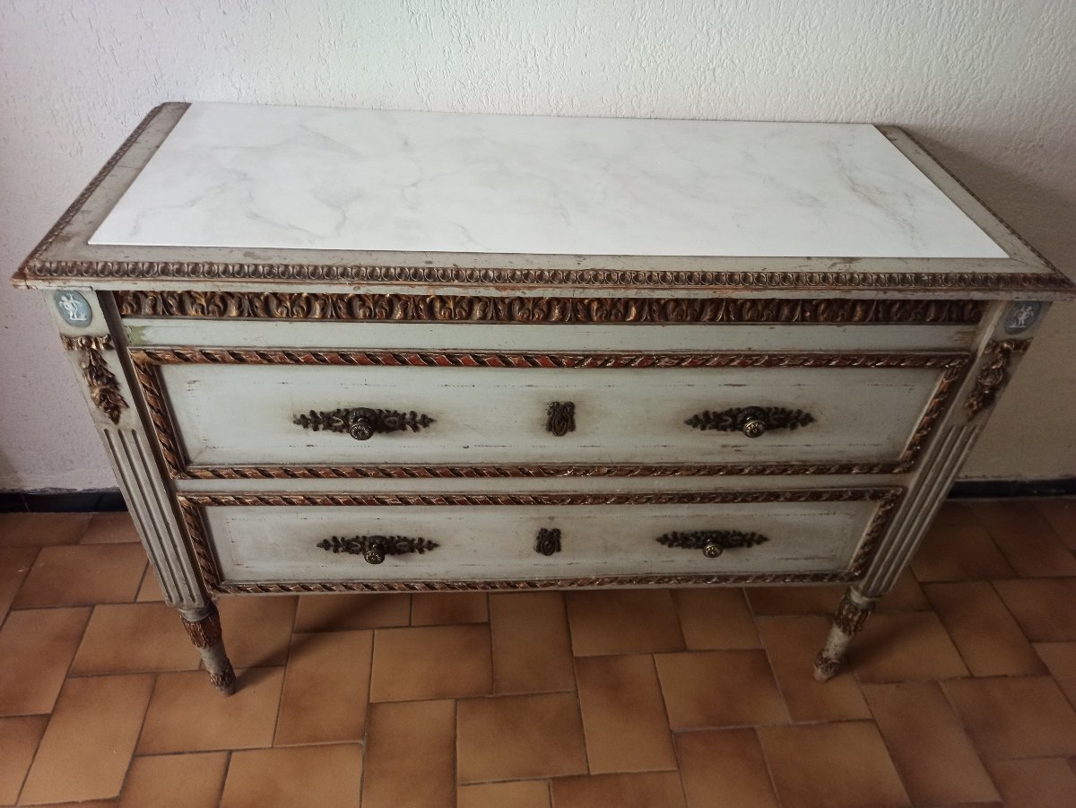 Louis XVI-style Lacquered Wooden Chest Of Drawers With A Hopping Top-photo-3