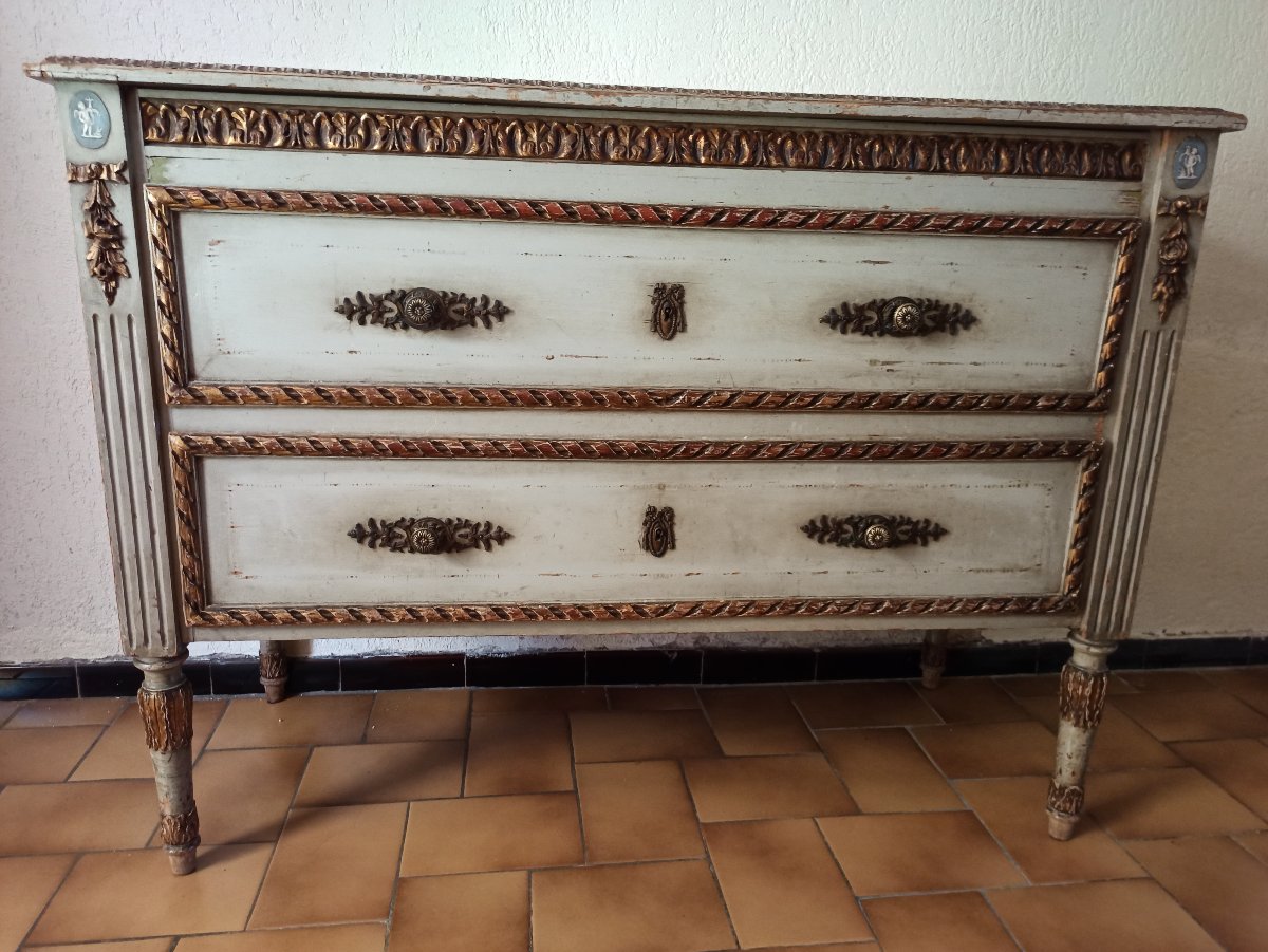 Louis XVI-style Lacquered Wooden Chest Of Drawers With A Hopping Top