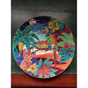 Rare Plat En émaux De Longwy De Suzanne Jaspart "Lune d'Opale"