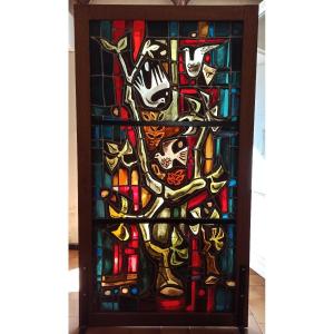 Vitrail moderniste signé et daté 1970