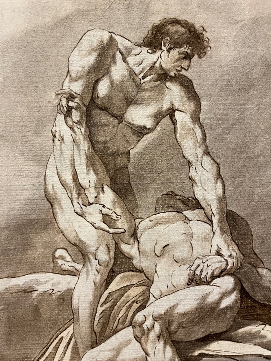 Ecole Française fin XVIIIe Nus Masculins Encre Lavis Dessin Ancien vers 1800-photo-2