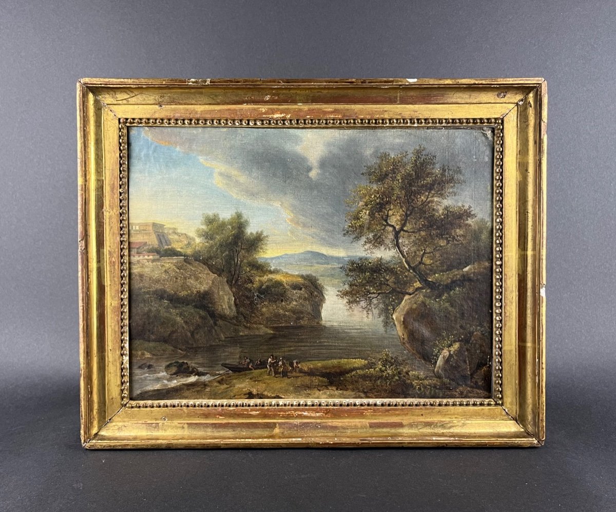 Ecole Italienne XVIII  Paysage au lac, huile sur papier-photo-2