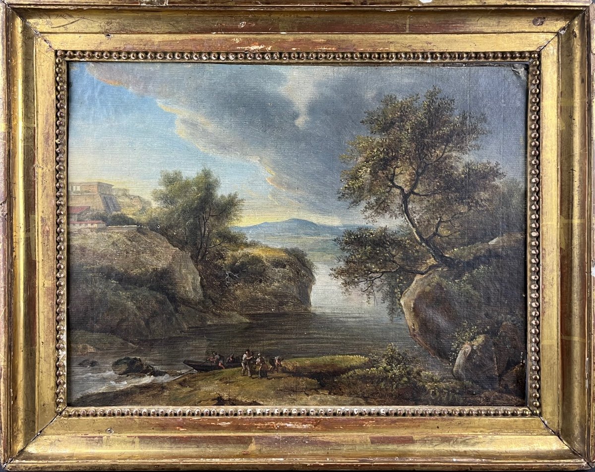 Ecole Italienne XVIII  Paysage au lac, huile sur papier