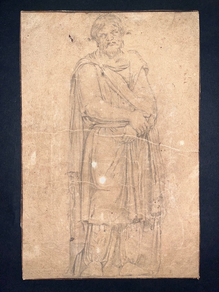 Ecole Italienne XVIII Homme à La Toge Pierre Noire, Dessin Ancien