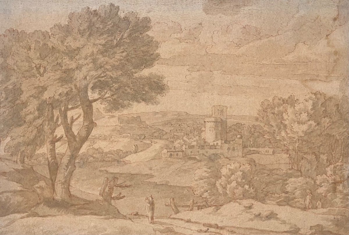 Suiveur de Nicolas Poussin, Paysage d'Italie XVII Dessin Ancien -photo-2
