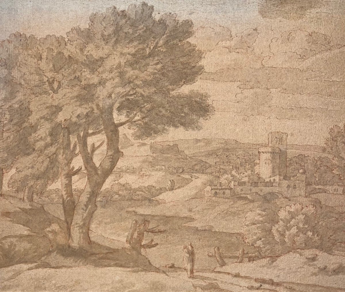 Suiveur de Nicolas Poussin, Paysage d'Italie XVII Dessin Ancien -photo-3