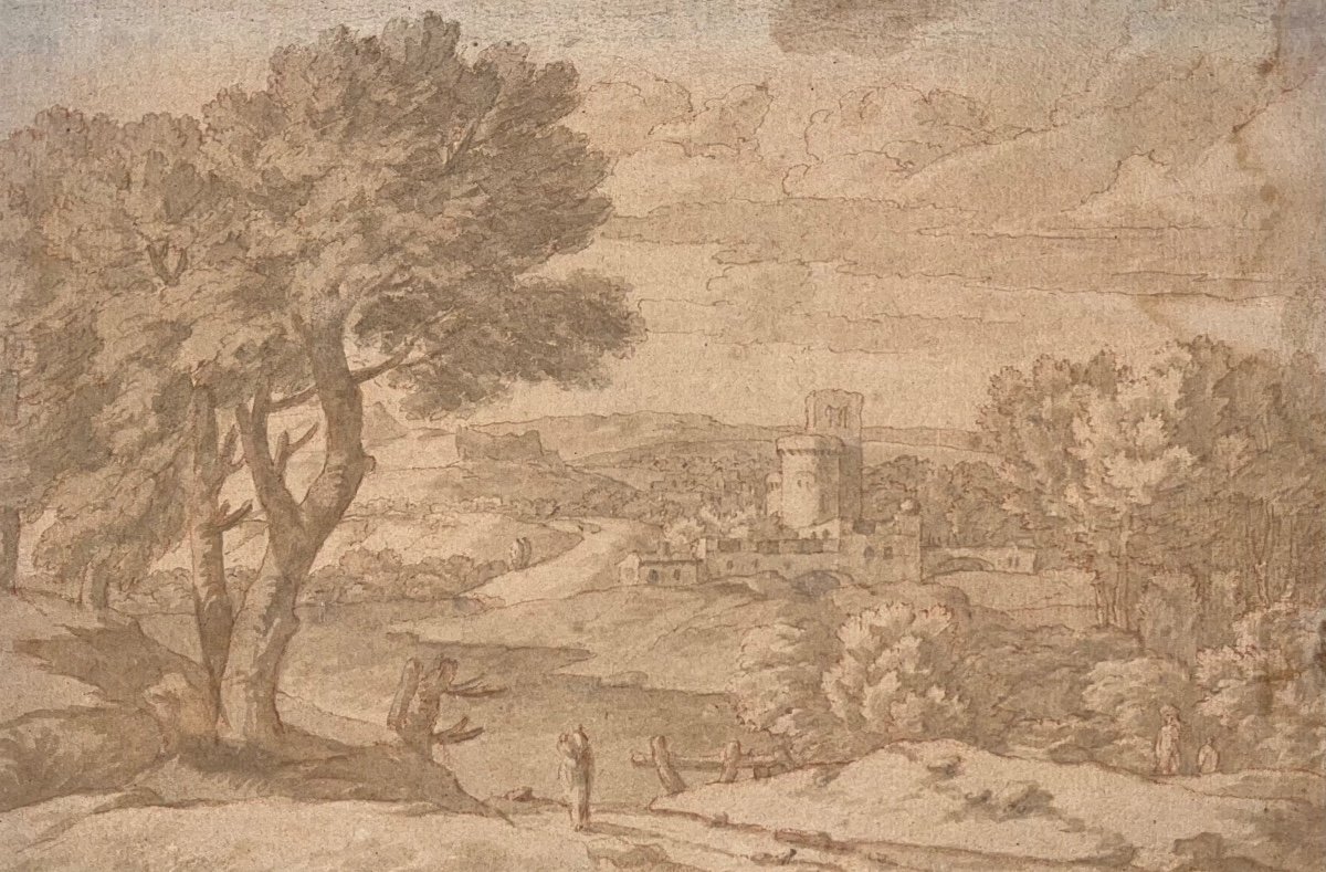 Suiveur de Nicolas Poussin, Paysage d'Italie XVII Dessin Ancien 