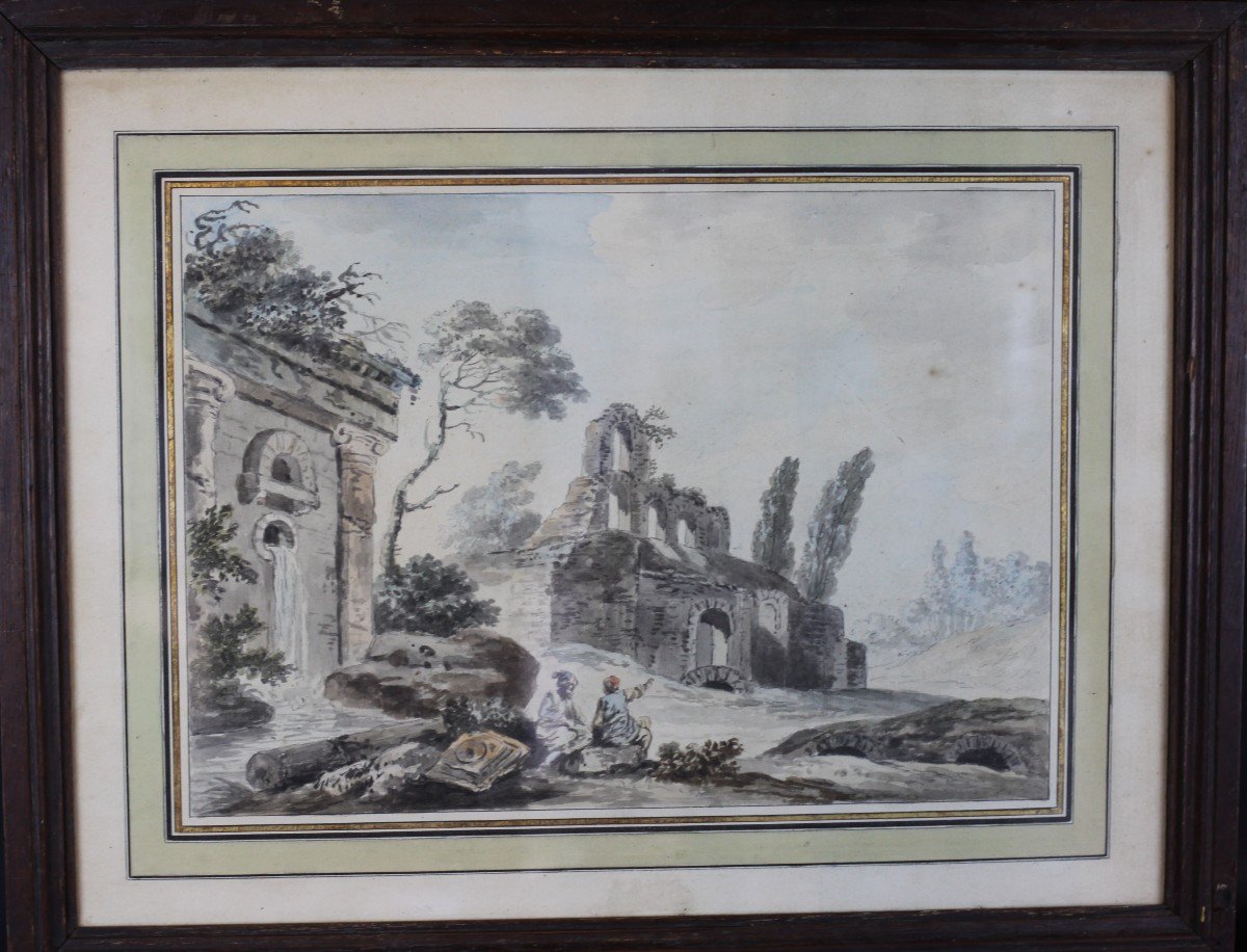 Ecole Française XVIIIe Siècle, Etude Paysage aux ruines Italie, Dessin Ancien-photo-2