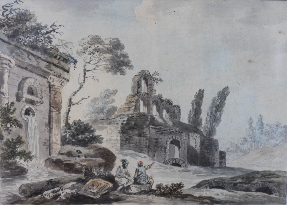 Ecole Française XVIIIe Siècle, Etude Paysage aux ruines Italie, Dessin Ancien