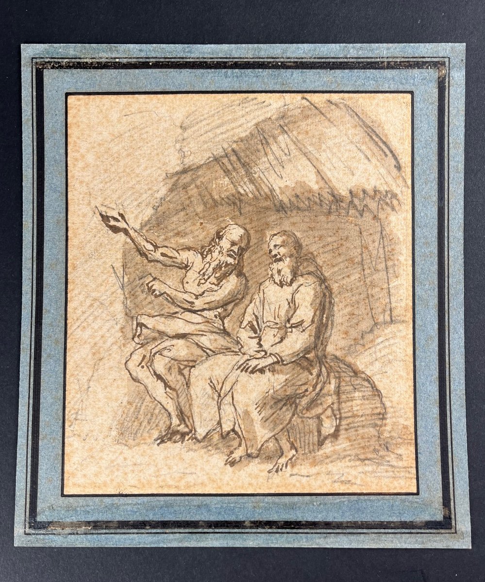 Ecole italienne ou Espagnole ? Du  XVIIe Siècle, Moine Et Ermite, Dessin Ancien, Encre Et Lavis-photo-3