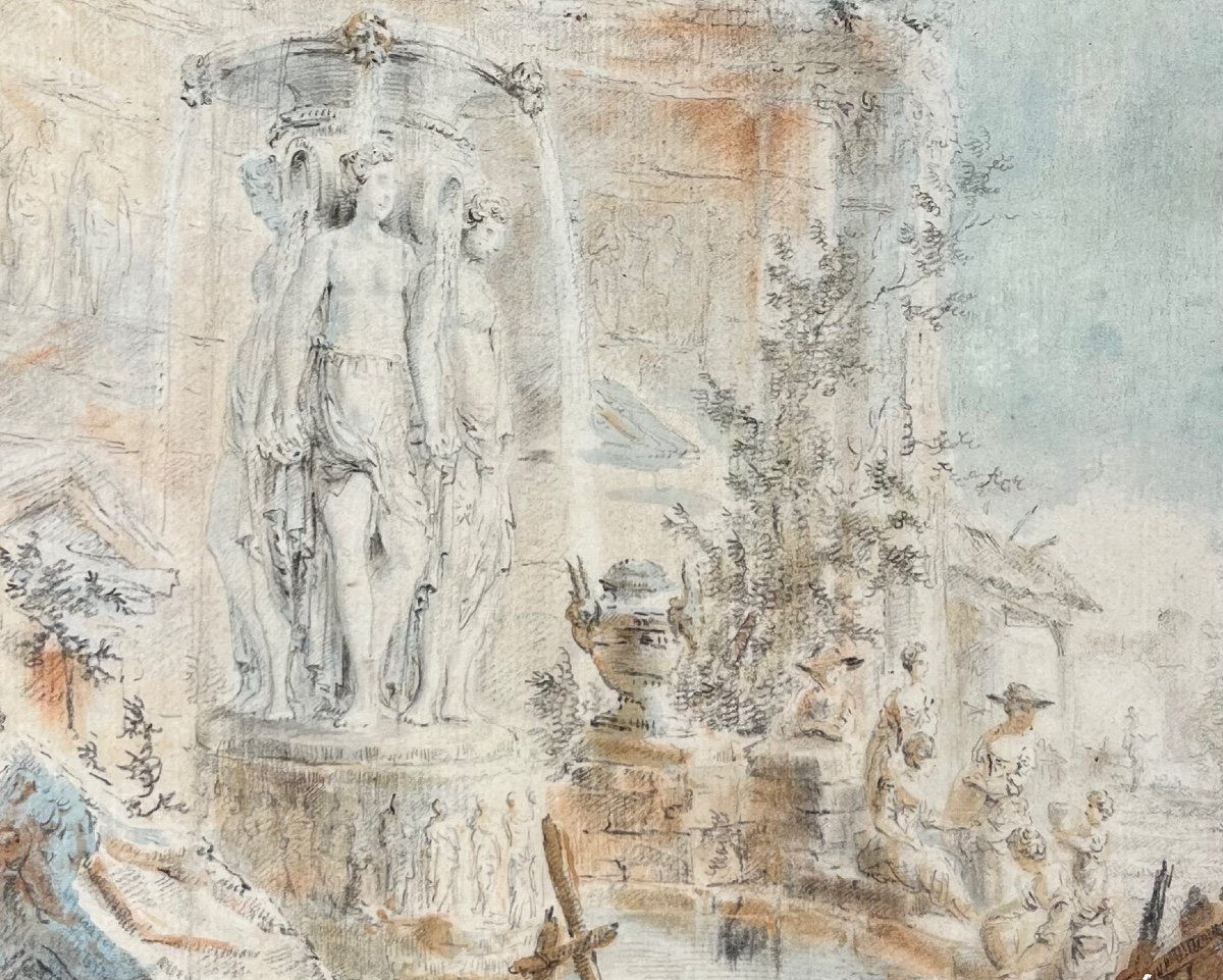 Ecole Italienne XVIIIe Siècle, Caprice Architectural, Encre Lavis Aquarelle, Dessin Ancien -photo-3