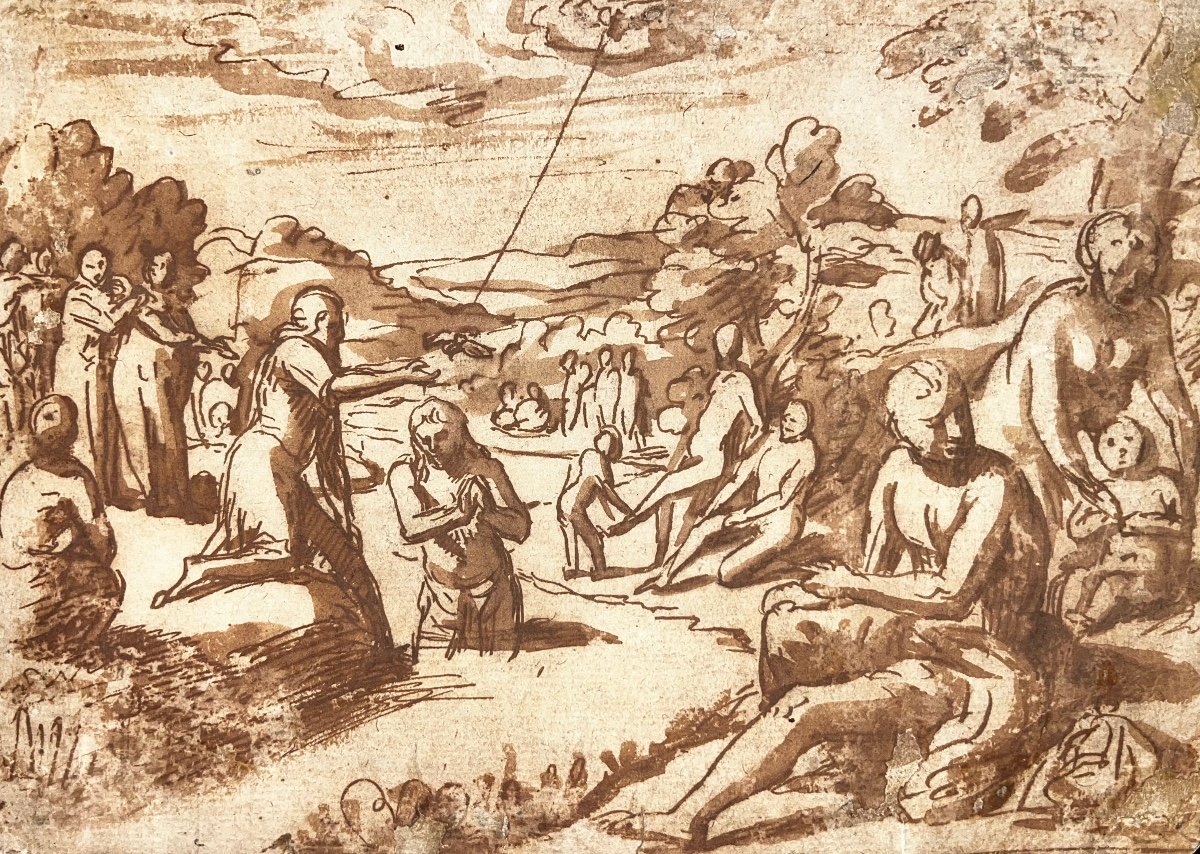 Ecole Italienne Début XVII Baptême Du Christ Lavis Encre Dessin Ancien