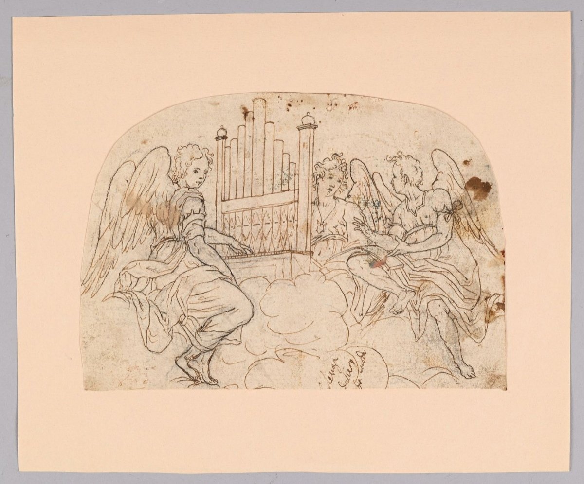 Ecole Italienne Vers 1700 Sainte Cecile Et Son Orgue Dessin Ancien 