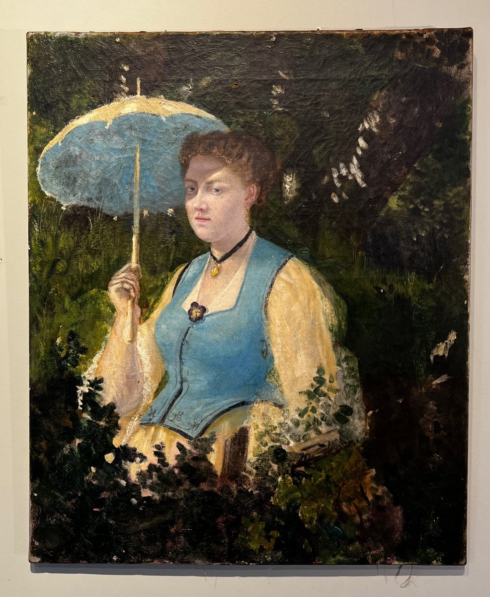 école Impressionniste XIX Femme à L’ombrelle Huile Tableau Ancien -photo-2