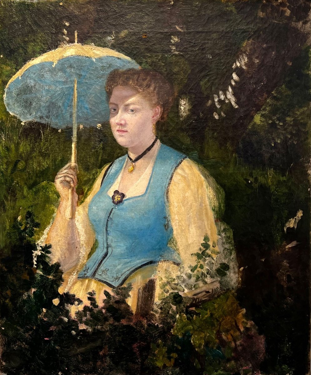 école Impressionniste XIX Femme à L’ombrelle Huile Tableau Ancien 