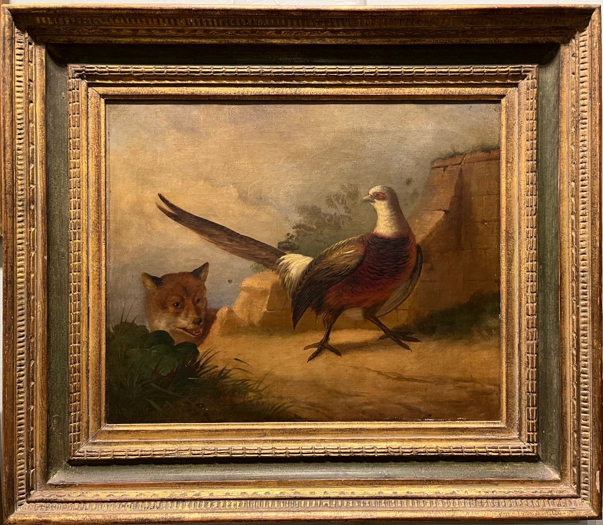 Late 18th Century School Pheasant And Fox Oil On Canvas Old Painting