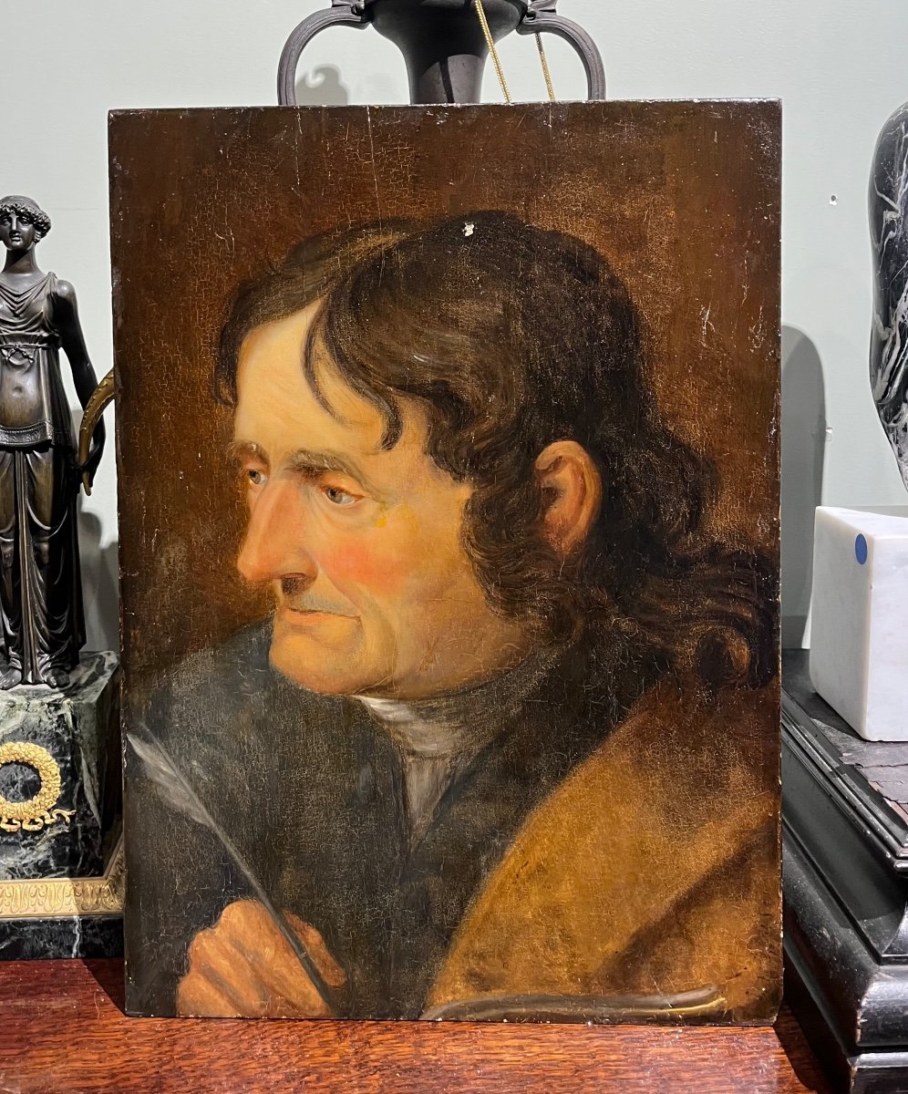 école Du XVIIIe Portait d’écrivain Huile Sur Panneau Tableau Ancien