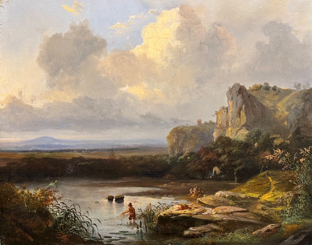 Ecole Française Fin XVIIIe Paysage Au Pêcheur Huile Sur Panneau Tableau Ancien