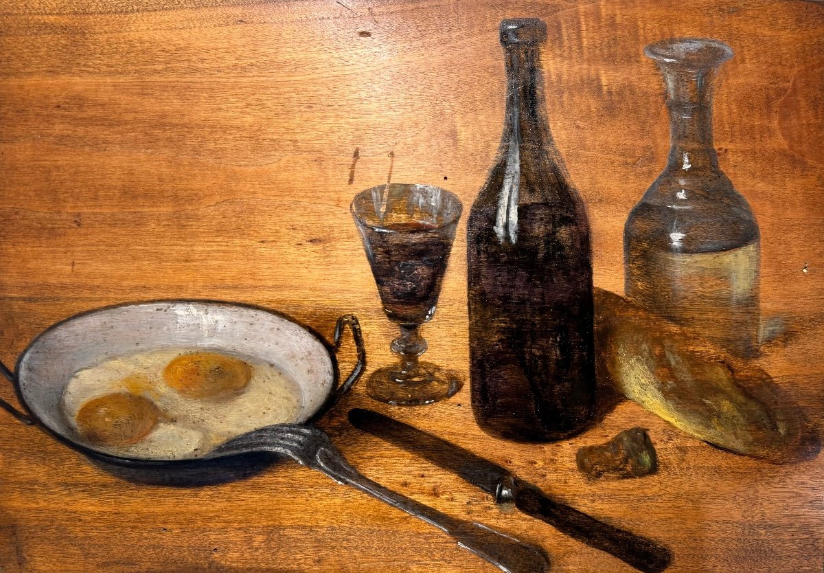 École Française XIXe Le Déjeuner Huile Sur Panneau De Bois Tableau Ancien -photo-4