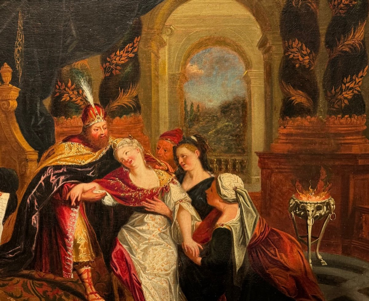 École Française XVIII Vers 1720 Esther Grand Tableau Ancien -photo-2