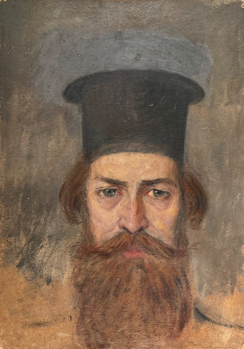 école Fin XIXe Intéressant Portrait De Pope Grec Huile Sur Carton 