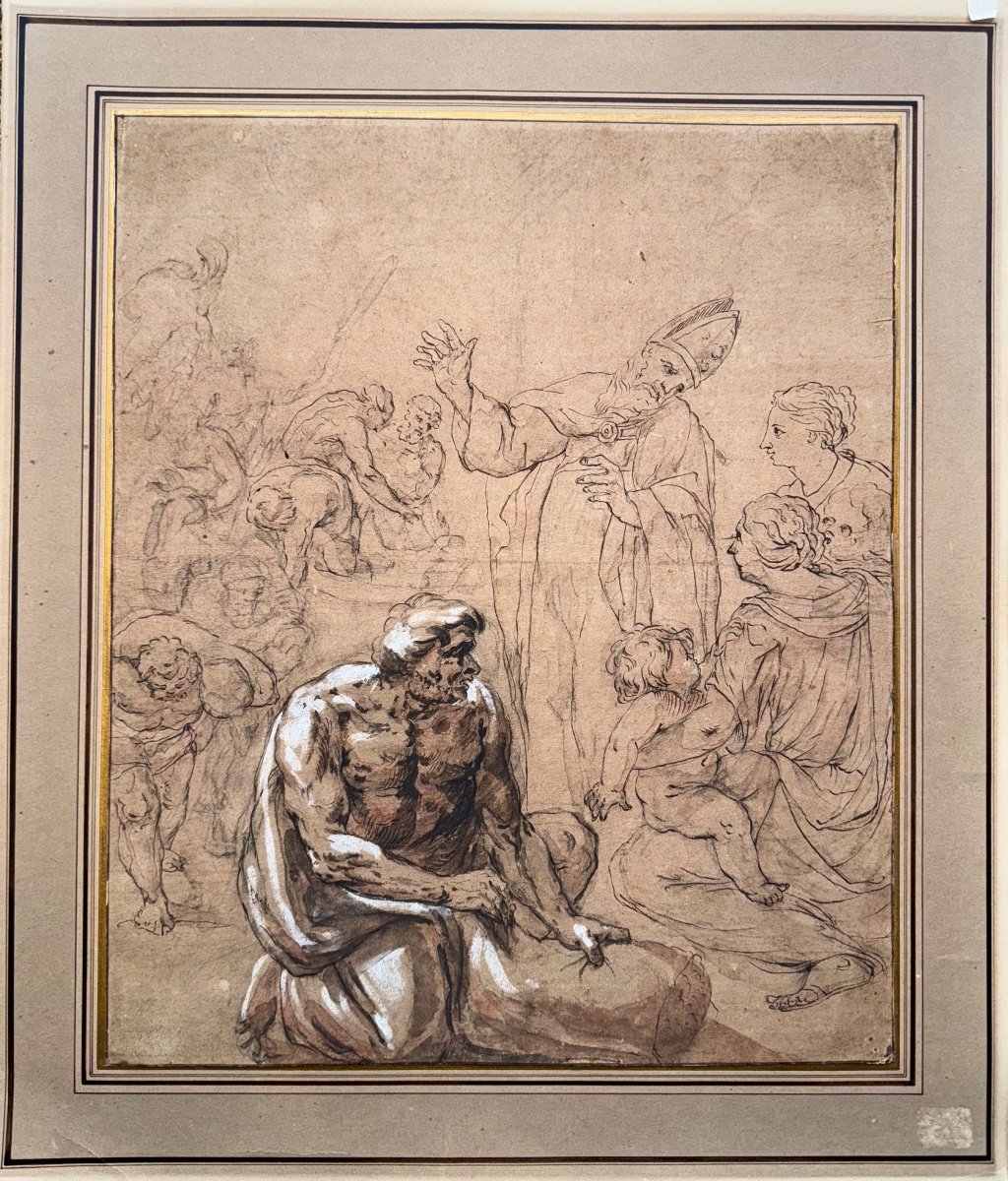 École Italienne XVIIe Évêque Prêchant Encre Dessin Ancien -photo-2