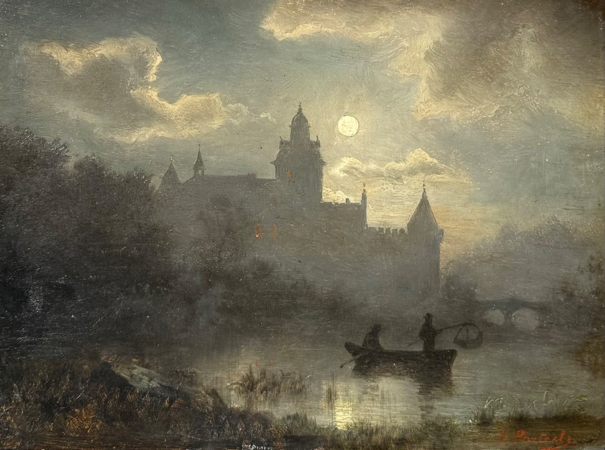 Jean-François Portaels (1818-1895) Paysage Au Clair De Lune Tableau Ancien -photo-2