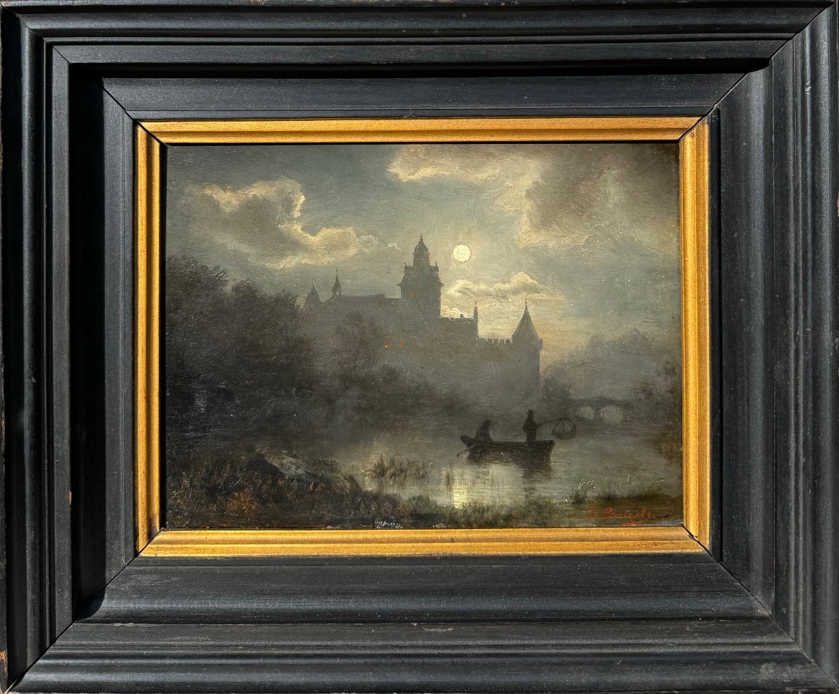 Jean-François Portaels (1818-1895) Paysage Au Clair De Lune Tableau Ancien 