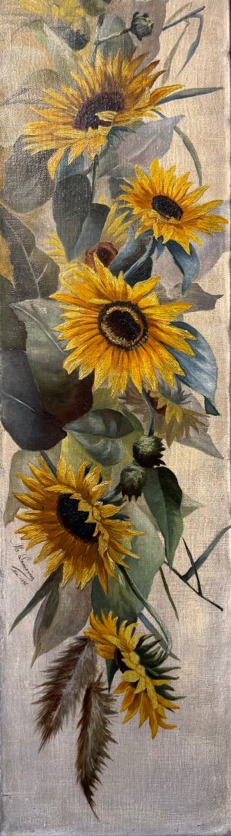 French School Late 19th Century Les Tournesols May 1896 Large Oil On Canvas -photo-3