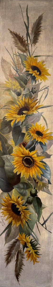 French School Late 19th Century Les Tournesols May 1896 Large Oil On Canvas 